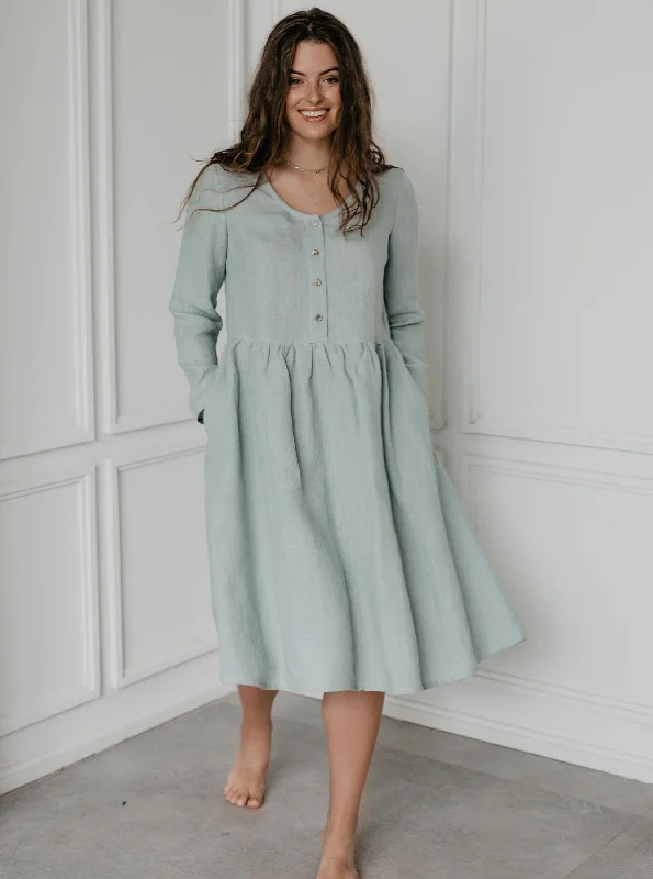 polyester midi dressesLapland Mid-Length Linen Dress - Sage Green