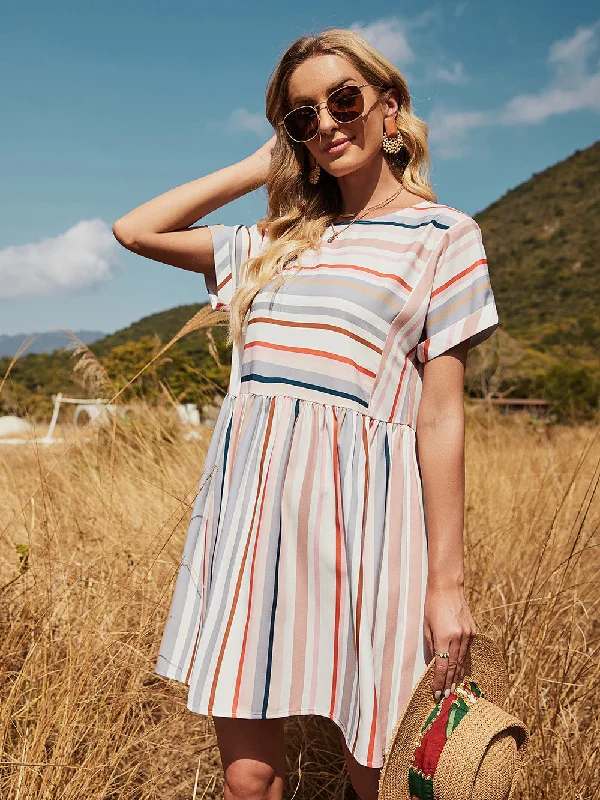 plus-size midi dressesKittenAlarm - Loose Short-sleeved Mid-length Round Neck Casual Striped Dress