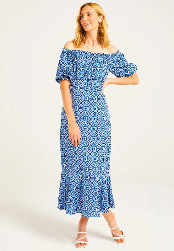 midi dresses for summerGeometric Print Midaxi Tea Dress in Blue