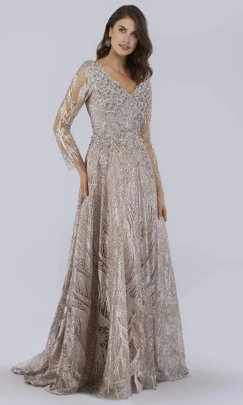 Formal Dress for Cultural FestivalsLara Dresses - 29753 V Neck Long Sleeves Beaded Embroidered Gown