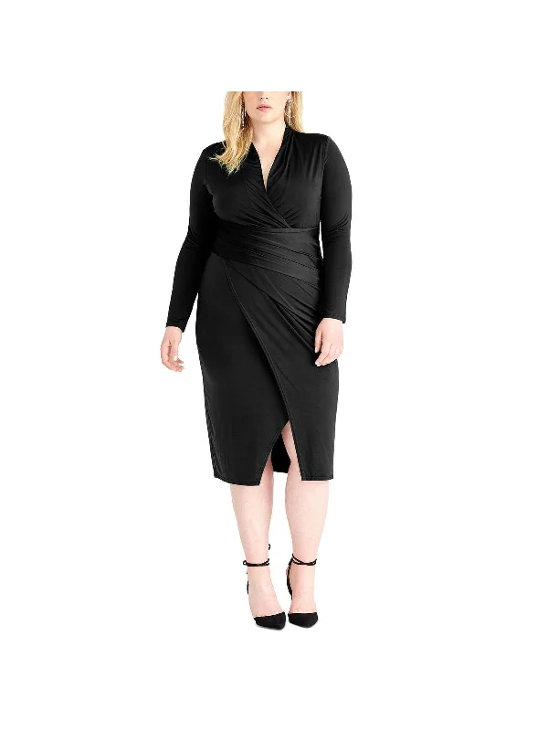 midi dresses with keyhole backsPlus Womens Surplice Mid Calf Wrap Dress