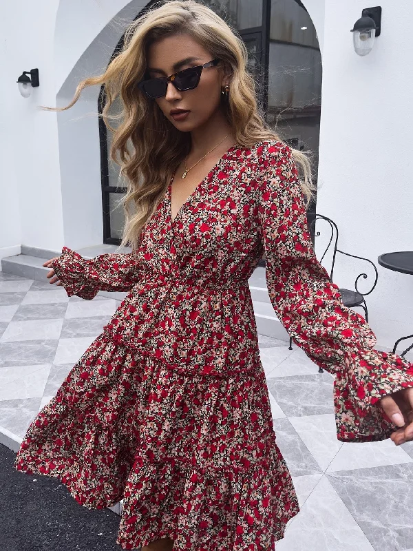 midi fit-and-flare dressesKittenAlarm - V-neck red floral mid-length casual long-sleeved dress