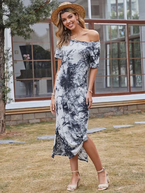 printed midi dressesKittenAlarm - Women's Mid-length A-line Skirt Off-the-shoulder Ink Print Dress