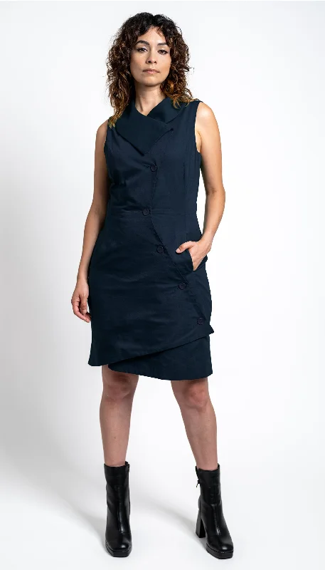 midi dresses for winterSwerve Vest Dress in Linen/ Midnight Navy