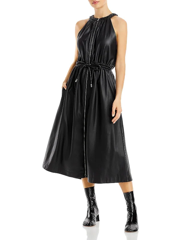 casual everyday midi dressesWomens Faux Leather Mid Calf Halter Dress