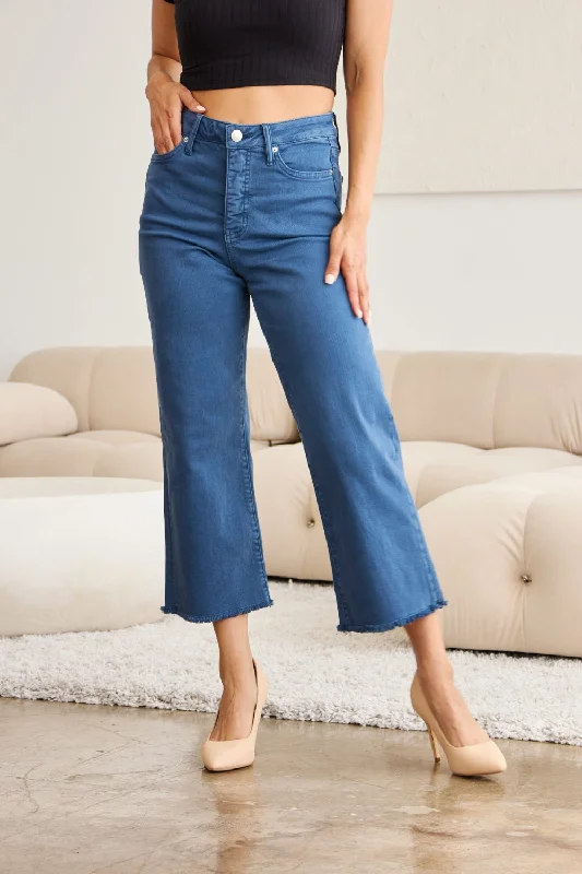 women's denim jeans with fake pocketsChloe Crop Tummy Control High Waist Raw Hem Jeans - Blue