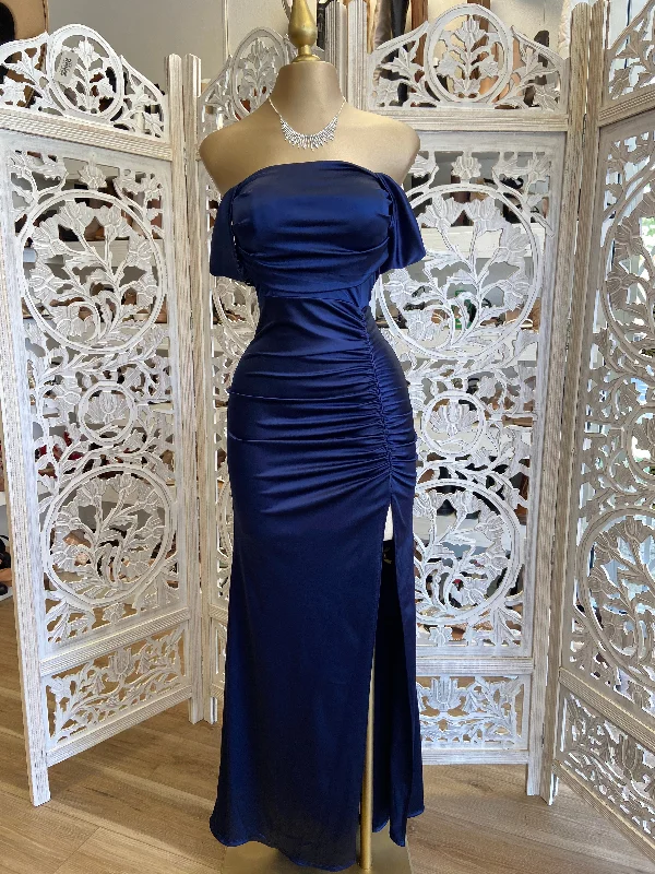 lined midi dressesMidnight Blue Formal Ruched Dress