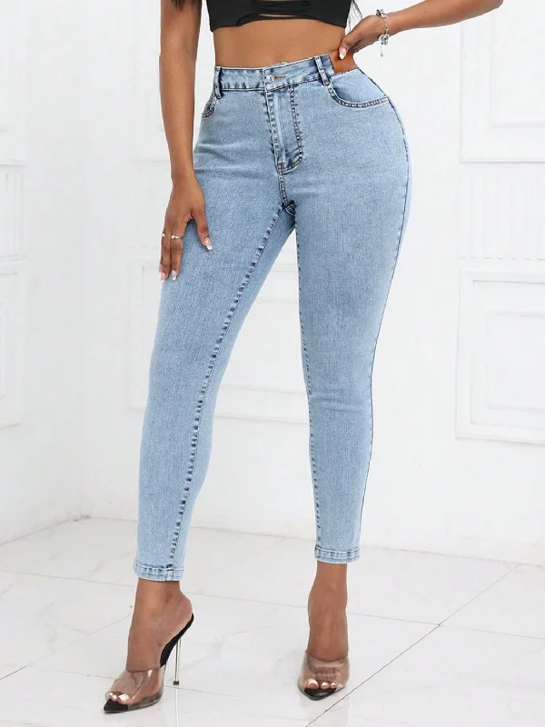 women's elastic waist denim jeansHigh Waist Skinny Jeans with Pockets