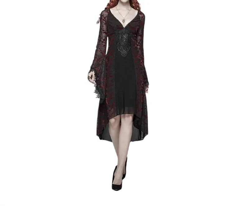 midi dresses with spaghetti strapsGothic Goddess Classical Mid-Length Dress In Black/red