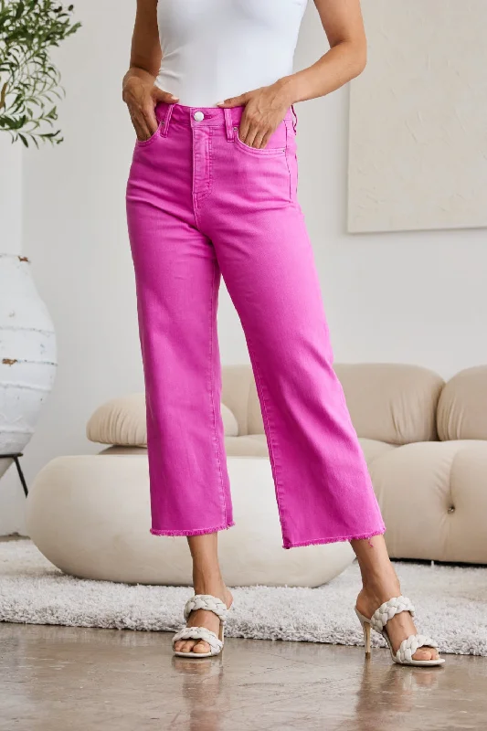 women's denim jeans for a chic appearanceChloe Crop Tummy Control High Waist Raw Hem Jeans - Pink