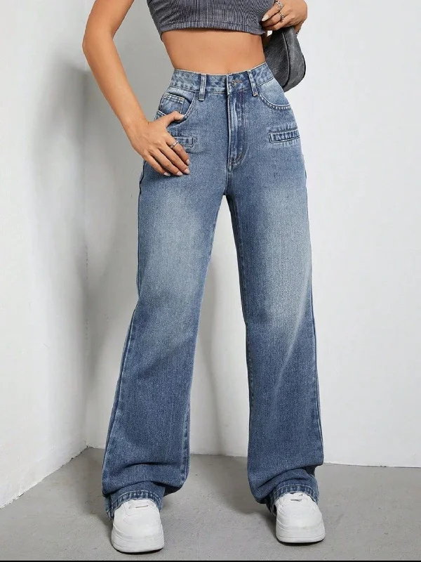 women's denim jeans with geometric patternsHigh Rise Wide Leg Jeans with Pockets