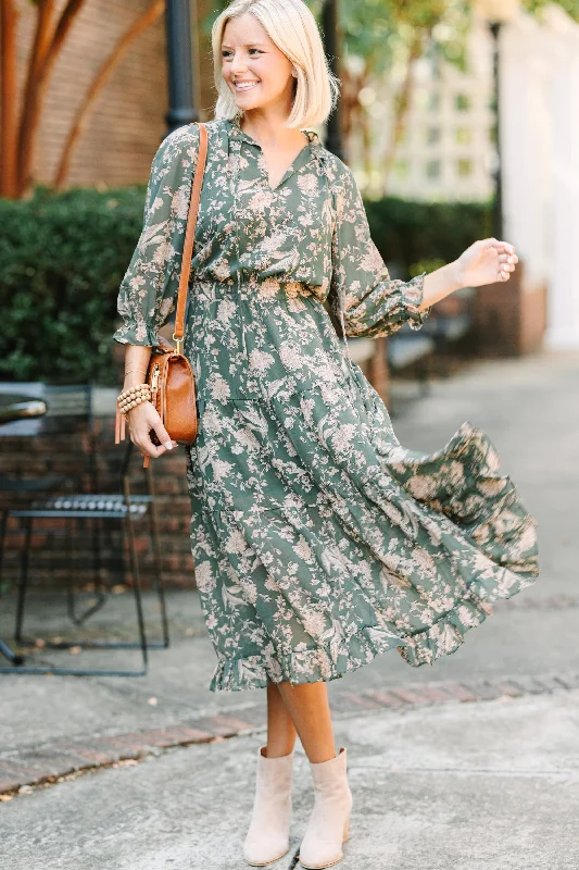 maxi midi dressesPinch: Class Act Dark Olive Green Floral Mid Dress