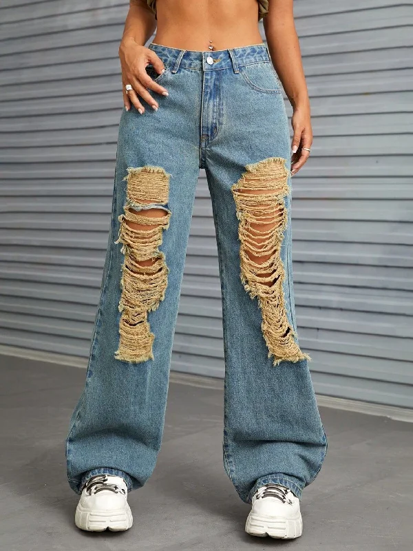 women's high-waisted denim jeansDistressed Wide Leg Jeans with Pockets