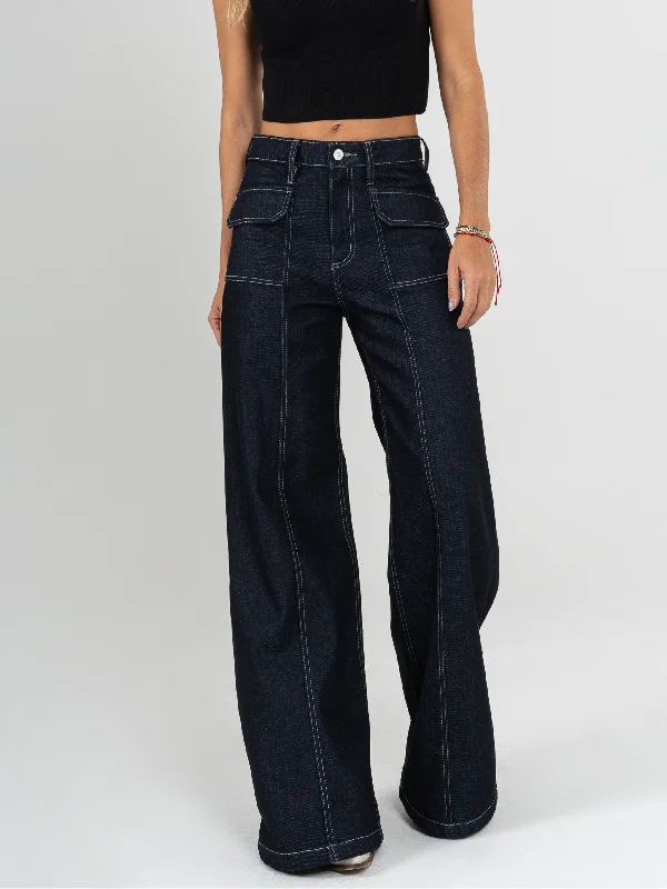 women's mid-rise denim jeansRef: 064654  Jean Mom Flare palazzo, rígido, bolsillos delanteros, tiro alto, tono azul oscuro