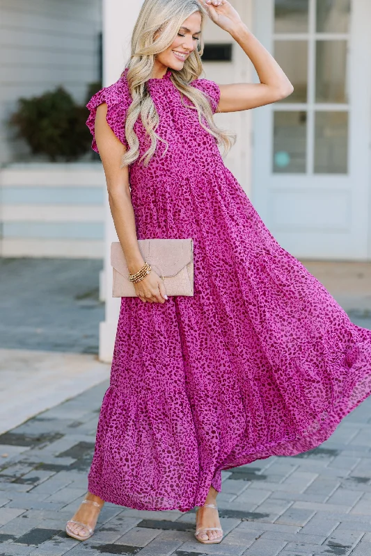 midi fit-and-flare dressesCheck You Out Magenta Purple Leopard Mid Dress