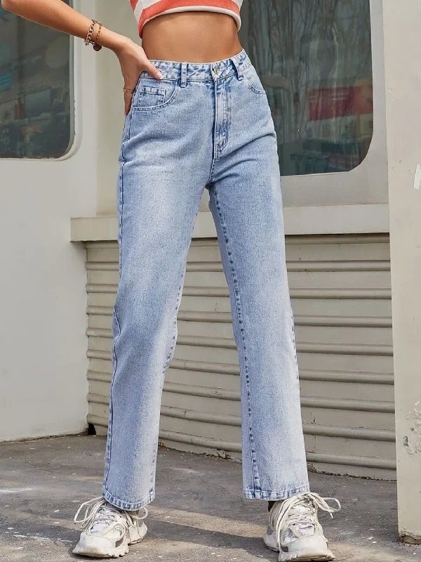 women's denim jeans for winterHigh Waist Straight Jeans with Pockets