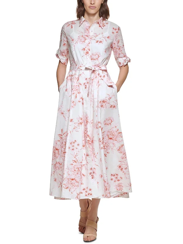 button-down midi dressesWomens Floral Print Mid Calf Shirtdress