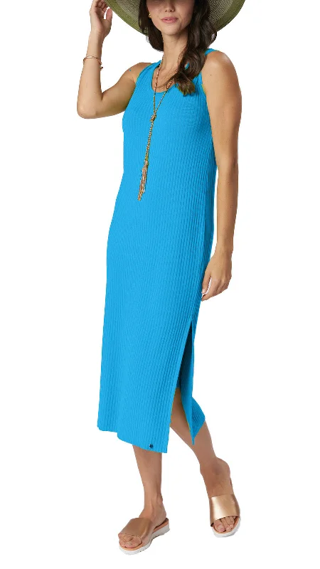 printed midi dressesBetsy Vertical Rib Knit Sleeveless Mid-calf Sheath Dress; Turquoise