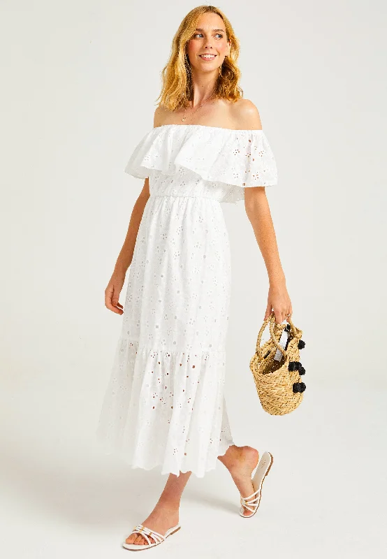 midi dresses for autumnWhite Broderie Midaxi Bardot Dress