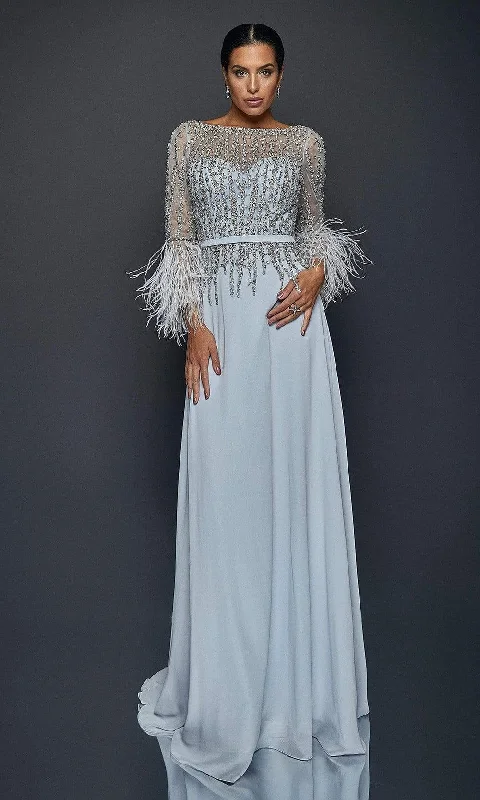 Formal Dress for Sports AwardsTerani Couture - 1921M0473 Feather-Fringed Quarter Sleeve Jeweled Gown