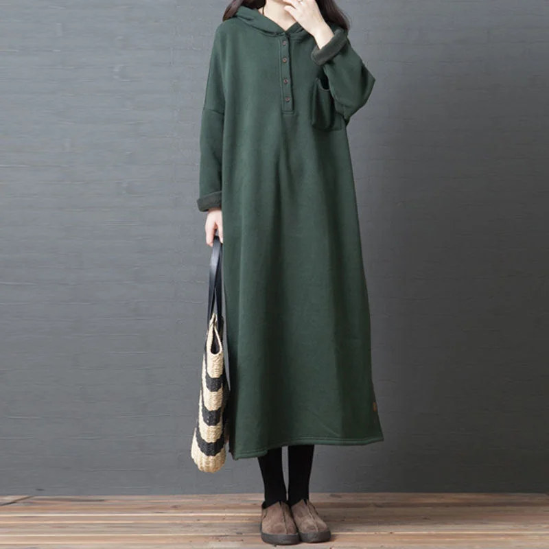 wrap-around midi dressesFleece-Lined Thickened Mid-Length Hooded Sweatshirt Dresses