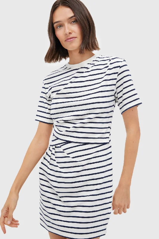 ruffled midi dressesMidnight Stripe Zeus Short Sleeve Draped T-Shirt Dress