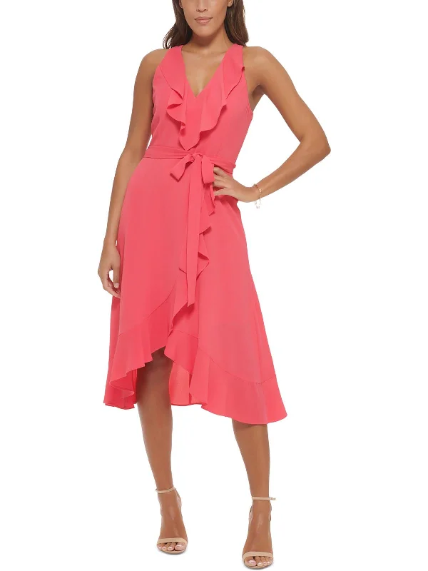 long midi dressesWomens Asymmetric Mid-Calf Wrap Dress