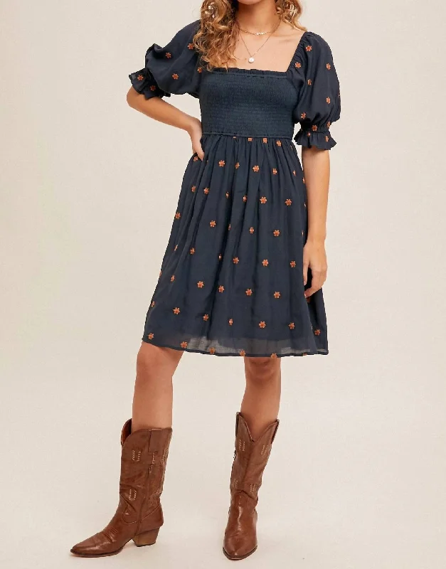 stylish midi dressesDaisy Ditsy Embroidered Dress In Mid Night Blue