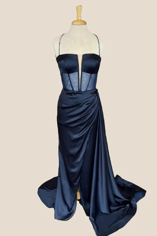 midi wrap dressesBeaded Straps Midnight Mermaid Long Dress with Slit