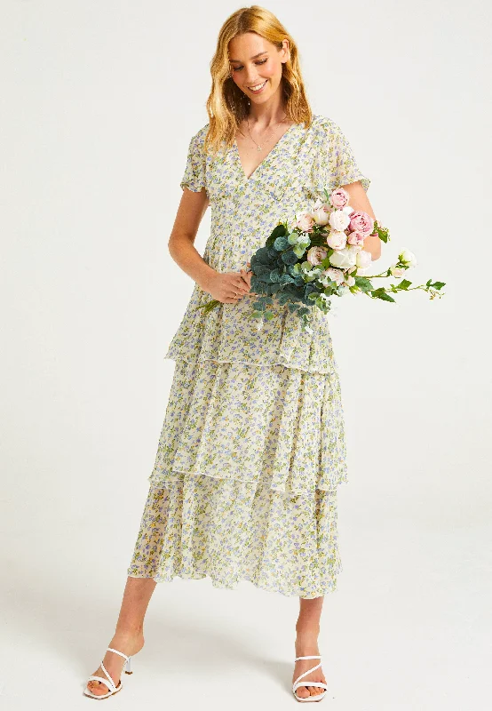 midi dresses for weddingsFlutter Sleeves Tiered Midaxi Dress in Ditsy Floral Print