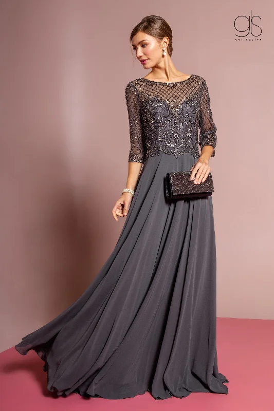 midi dresses for winterLong Embellished Bodice Dress with Mid Sleeves by GLS Gloria GL2686