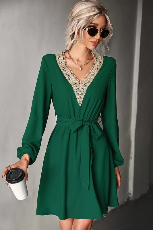 polyester midi dressesWomen's Long Sleeve V Neck Mid Dress