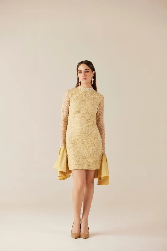 mini midi dressesMidas Touch Golden Short Lace Dress With Bell Sleeves