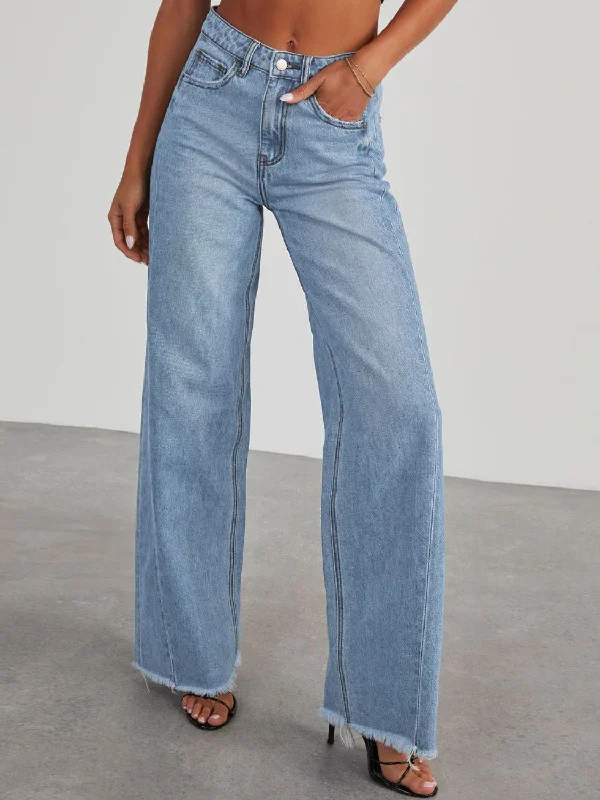 women's denim jeans for formal eventsRaw Hem Wide Leg Jeans with Pockets