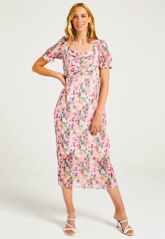 midi dresses for springPink Plisse Midaxi Dress in Abstract Print