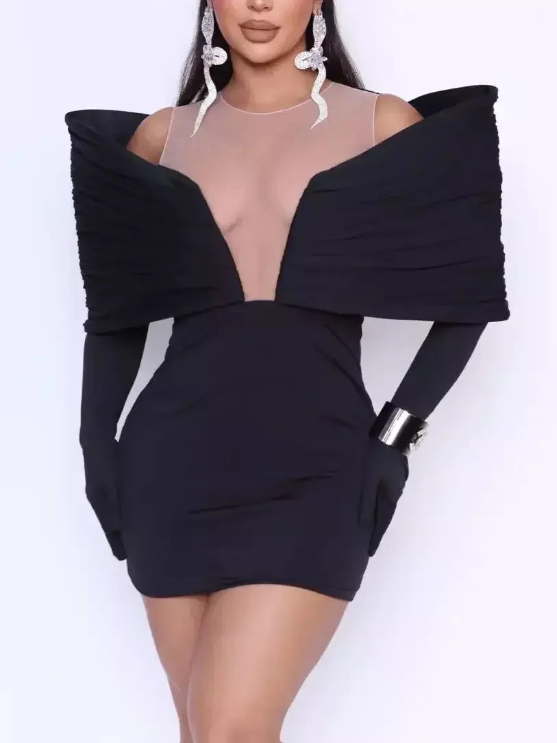 short Mimi dresses for summer festivalsOff-Shoulder Mini Dress with Attached Gloves in Black