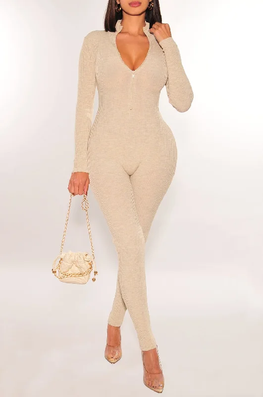 women's jumpsuits for easy dressingOatmeal Long Sleeve Ribbed Knit Turtleneck Zipper Jumpsuit