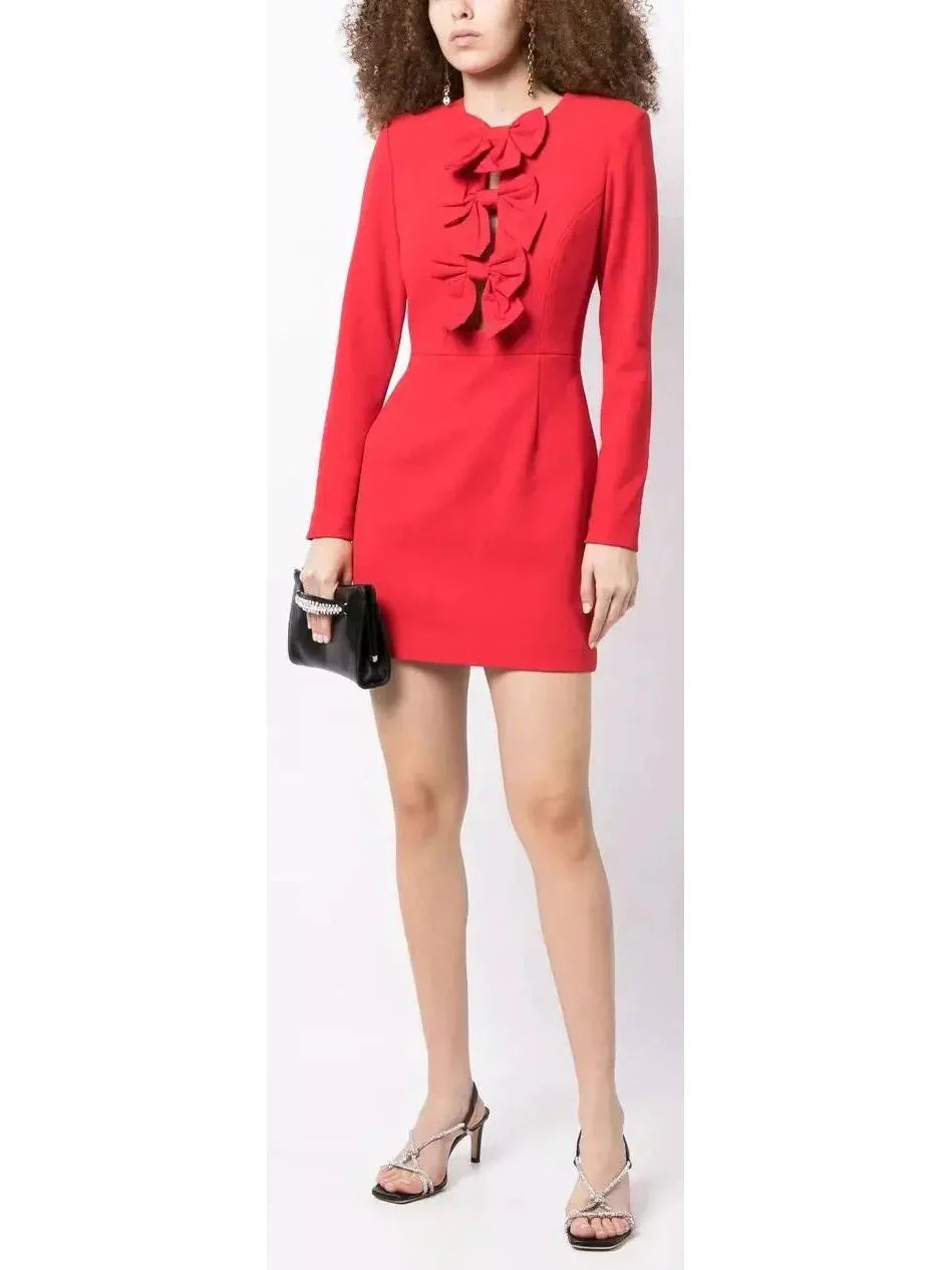 mini Mimi dresses for casual outingsBow-Embellished Scarlet Red Mini Dress