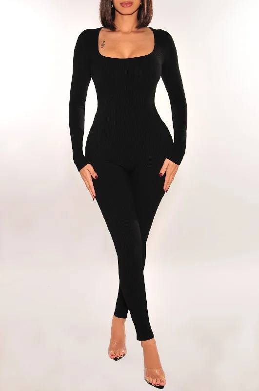 women's jumpsuits for glamorous eveningsBlack Ribbed Long Sleeve Rounded Square Neck Jumpsuit