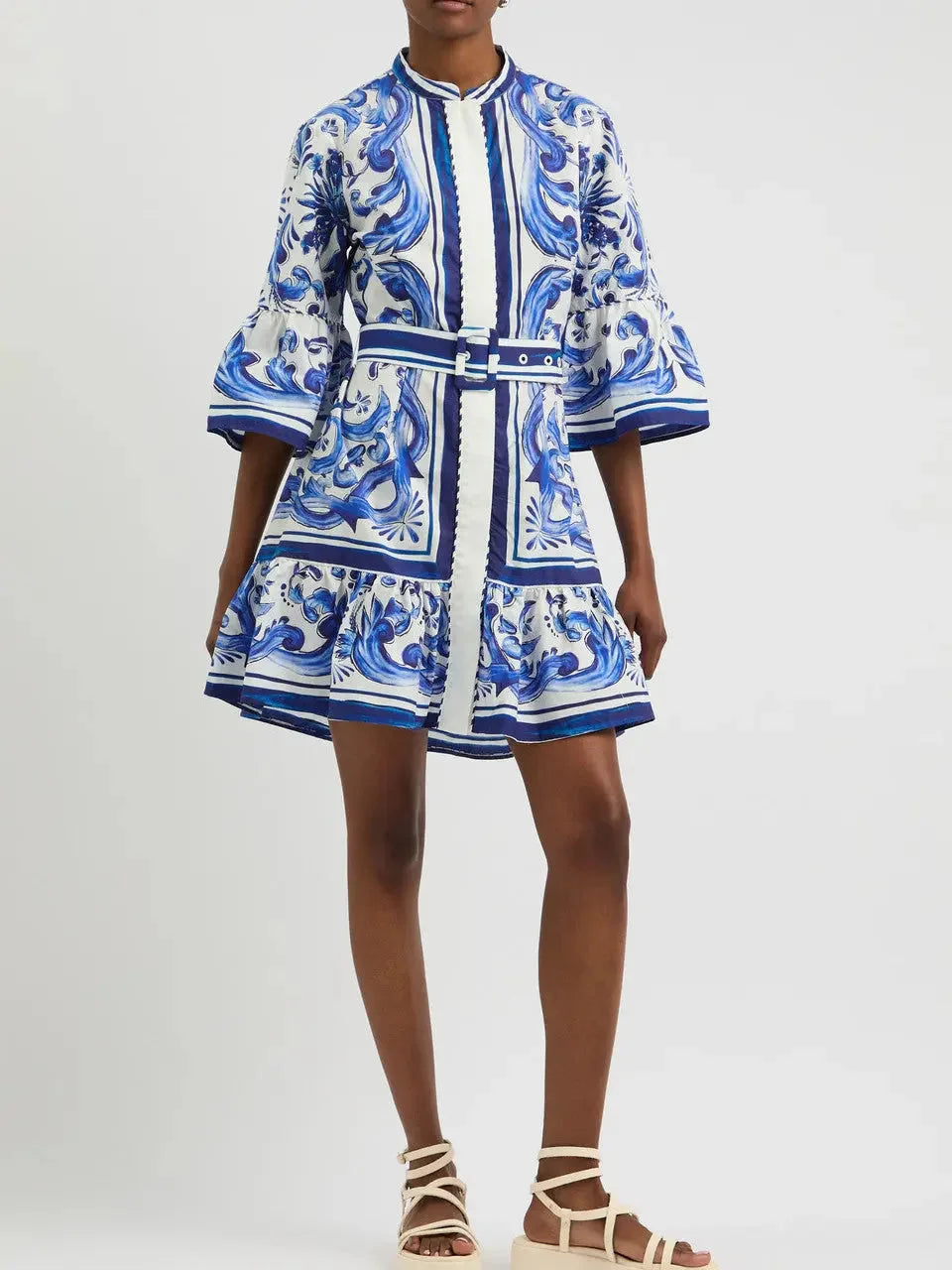 printed Mimi dresses for summer vacationBelted Blue and White Tile Printed Flared Mini Dress