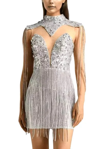 cheap but chic Mimi dresses for fashion-forward looksCrystal-Tassel Sequined Mesh Mini Dress