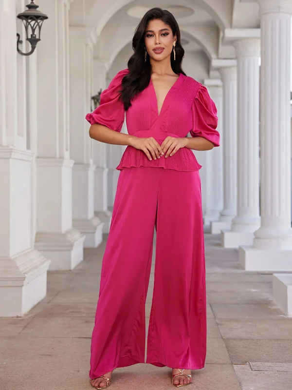 women's jumpsuits for maximalist fashionWOMEN'S SHORT PUFF SLEEVES V-NECK WIDE LEG JUMPSUIT