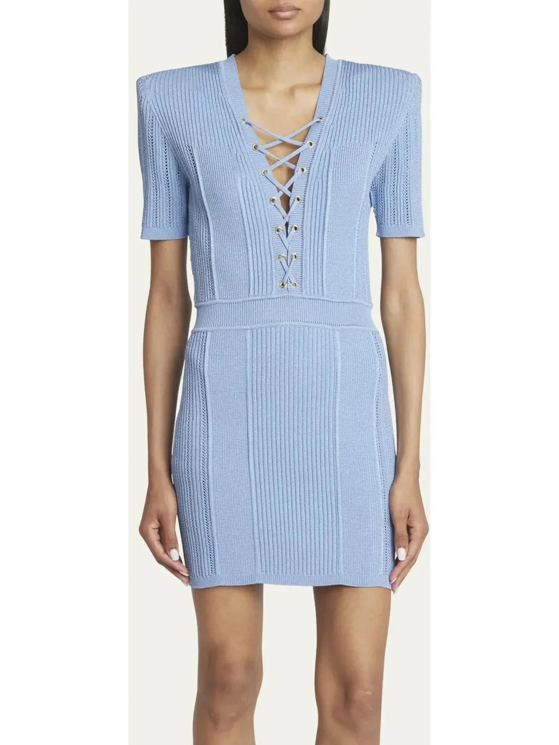 summer lace Mimi dresses for warm weatherLace-Up Ribbed Knit Blue Mini Dress