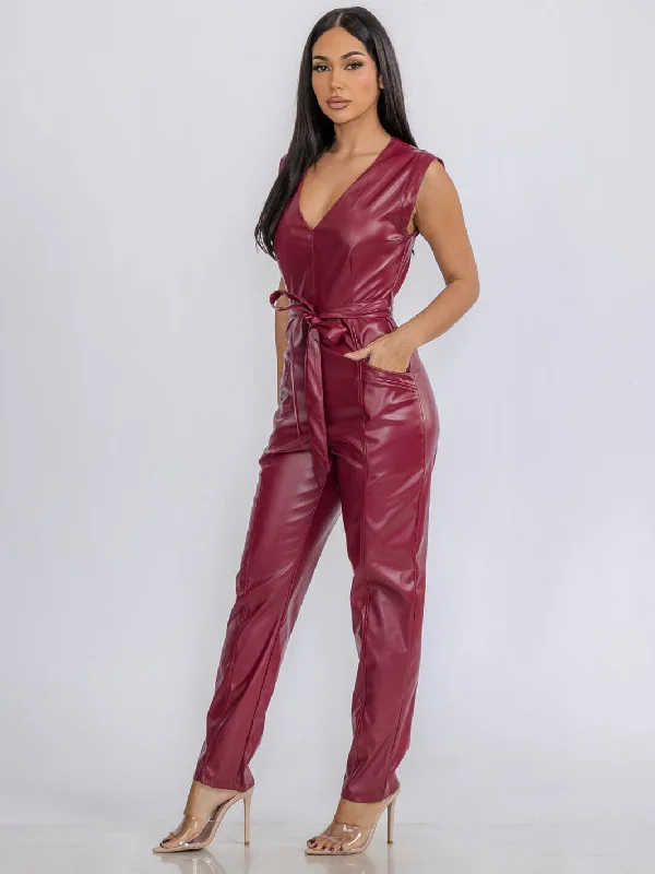 women's jumpsuits with off-the-shoulder necksWOMEN'S SLEEVELESS V-NECK SELF TIE POCKETS SKINNY LEG PU PLEATHER JUMPSUIT