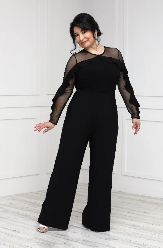 women's jumpsuits for gym sessionsR&M Richards Petite Women's Ruffled Illusion Sleeve Black Jumpsuit