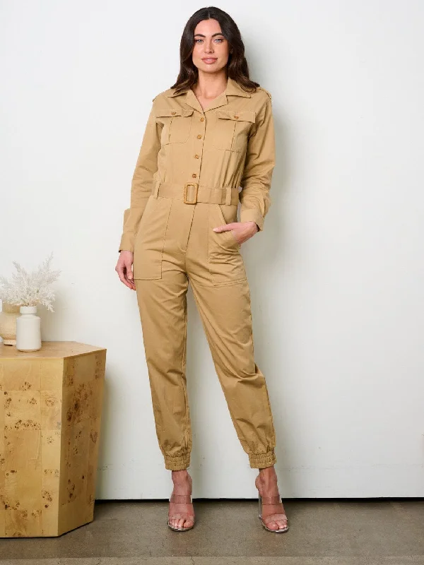 women's jumpsuits for laid-back looksWOMEN'S LONG SLEEVE BUTTON UP POCKETS JOGGER JUMPSUIT