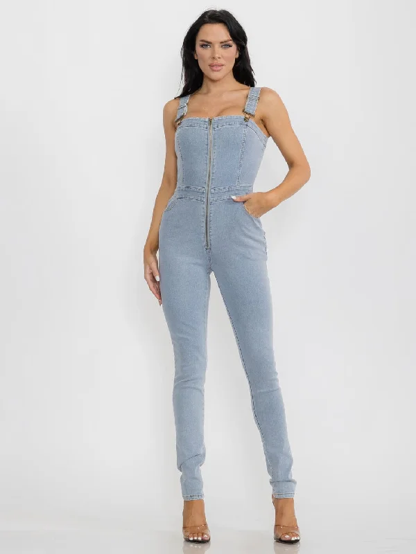 women's jumpsuits made of denimWOMEN'S SLEEVELESS POCKETS ZIP UP STRETCH DENIM JUMPSUIT