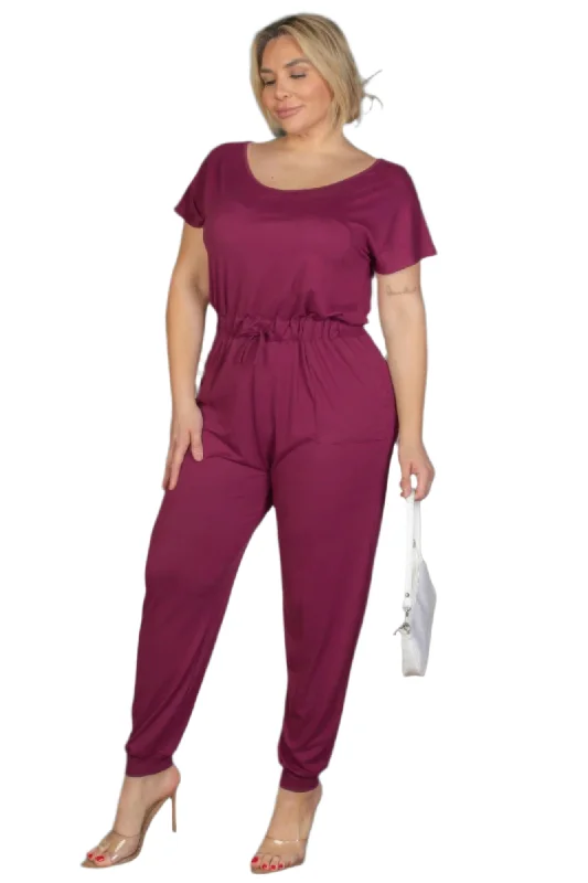 women's cozy jumpsuitsPlus Size Solid Drawstring Short Sleeve Jumpsuit