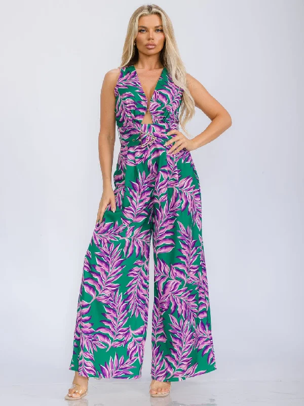 women's jumpsuits for springWOMEN'S SLEEVELESS V-NECK BELTED LEAF PRINT WIDE LEG JUMPSUIT