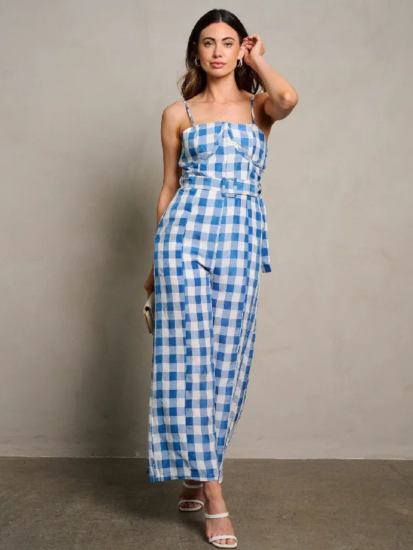 women's jumpsuits for petite womenWOMEN'S SLEEVELESS POCKETS SELF TIE WIDE LEG PLAID JUMPSUIT